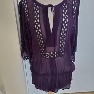 Peace & Pearls Sheer Purple Drop Waist Boho Farmhouse Style Blouse Women's S